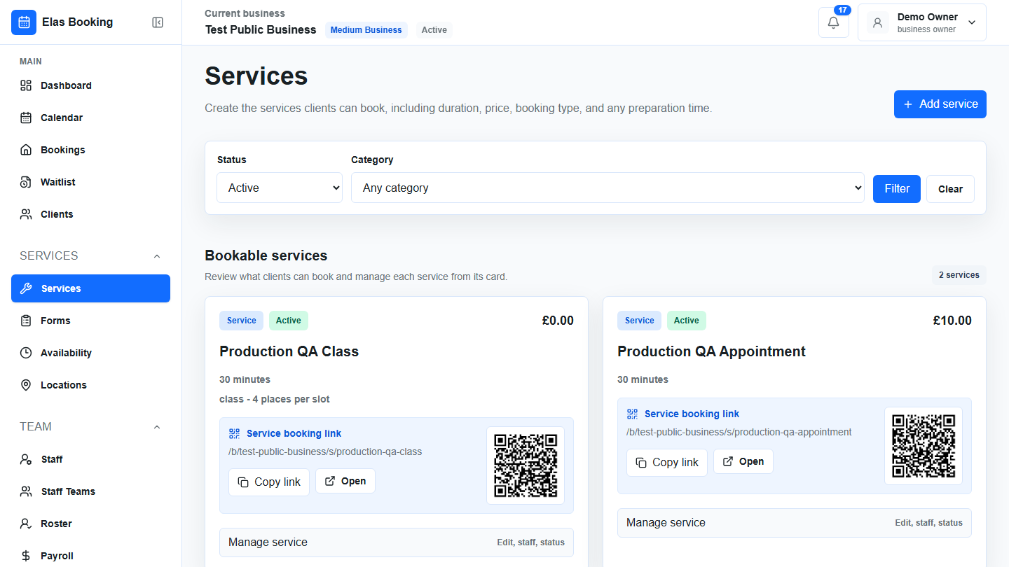 Elas Booking Services dashboard showing live service cards, filters, booking links, and QR codes