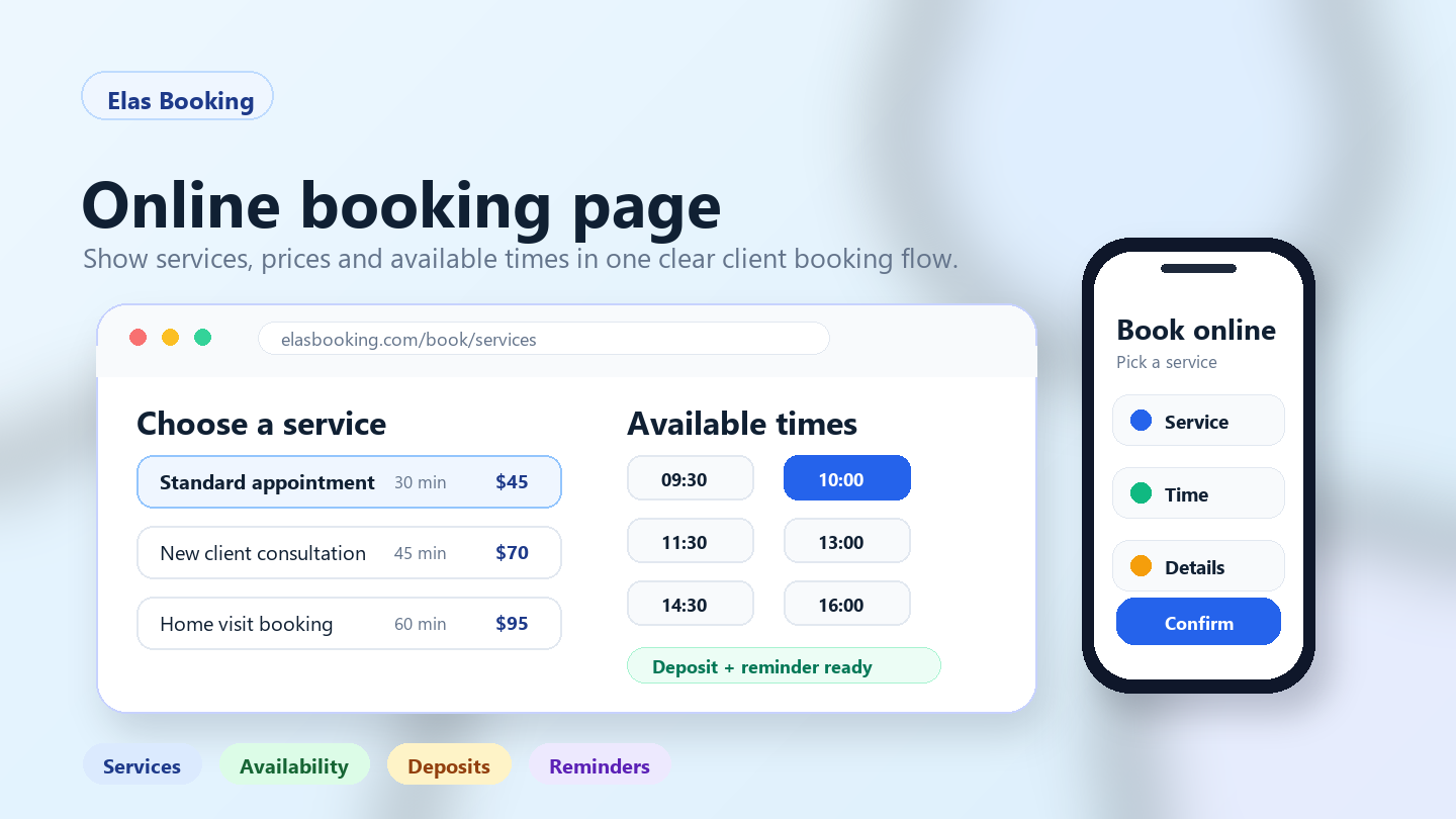 Online booking page mockup showing service options, prices, available times, deposits, reminders, and a mobile confirmation flow
